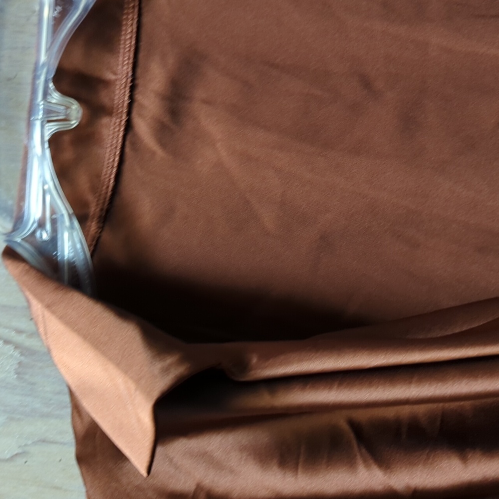 LYANER Long sleeve drape front blouse Brown Size M stretch satin - Picture 3 of 8